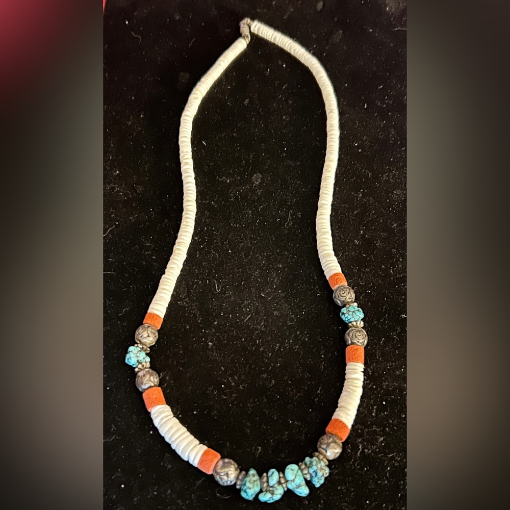 VINTAGE SANTO DOMINGO TURQUOISE, CORAL, &
HEISHI NECKLACE - Picture 2 of 3